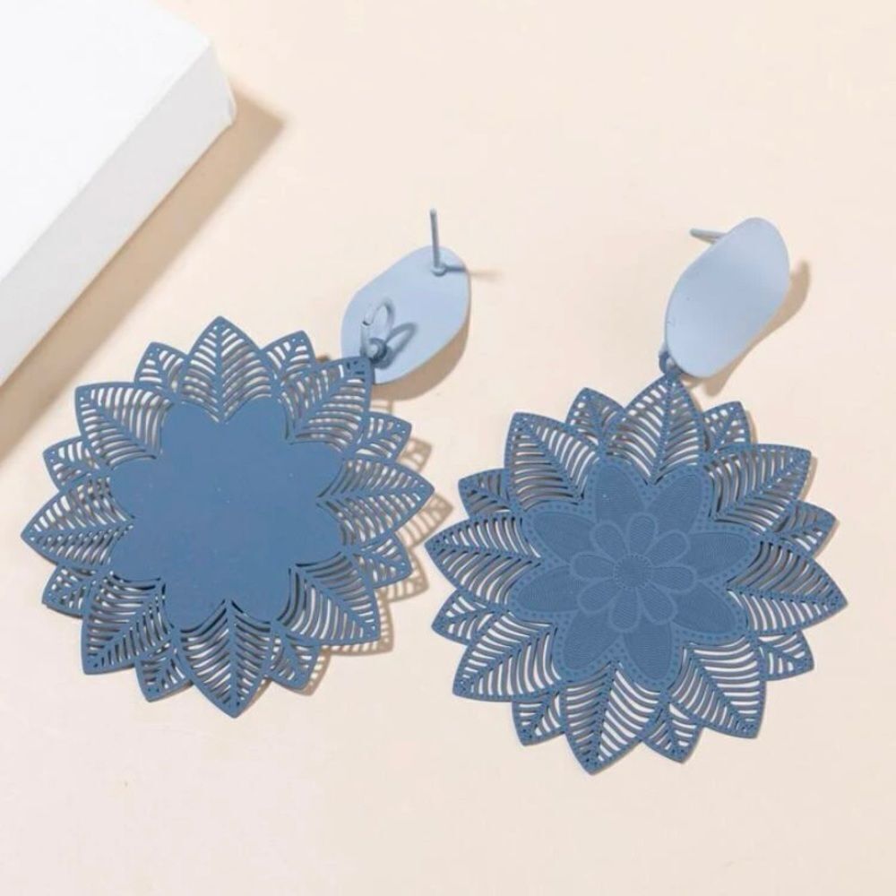 Pair of mandala drop earrings, dangle, flower, blue